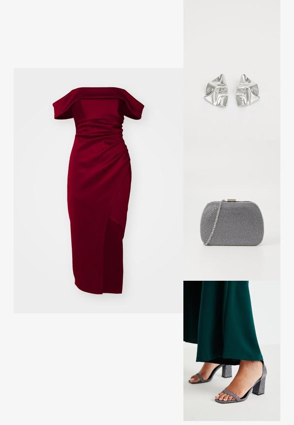 Off-the-shoulder burgunderkjole med samlet struktur, tætsiddende silhuet og sideslids, lavet af et glat, strækbart stof.; Sølvglitrende block-heeled sandaler med to tynde stropper og firkantet tå. Akkompagneret af et mørkegrønt gulvlangt tøj.; Sorte og hvide teksturerede clutch-taske med rund form, sølvfarvet kædetrækt, og en metalspænde på toppen.; Sølvmetal øreringe med et bølgende, skulpturelt design, der har en poleret overflade og uregelmæssige former, hvilket fremhæver en moderne æstetik.
