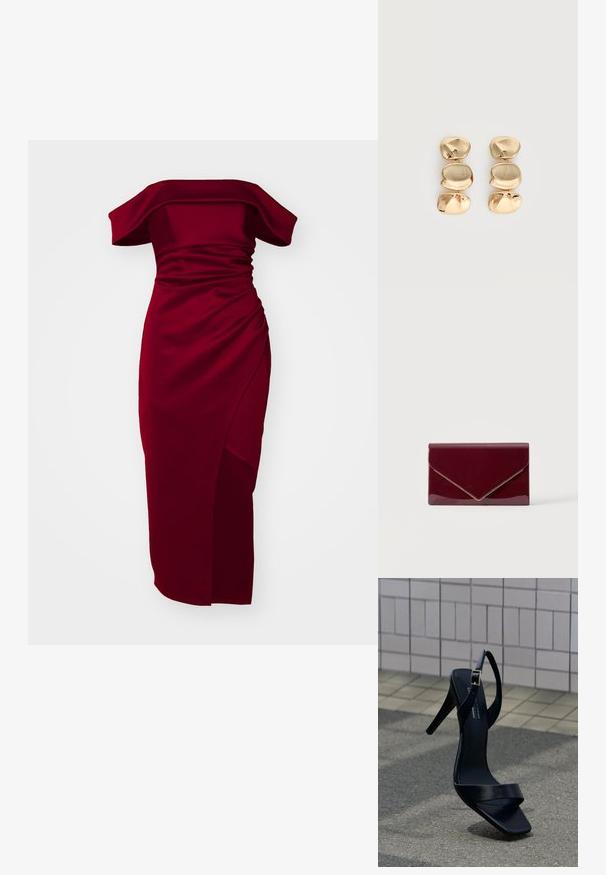Off-the-shoulder bordeaux jurk met geplooide textuur, aansluitende pasvorm en een zijsplit, gemaakt van een zachte, rekbare stof.; Zwarte sandaal met hoge hak, enkelriem en vierkante neus, geplaatst op het trottoir tegen een betegelde muur op de achtergrond.; Glanzende donkerrode clutchtas in envelopstijl met gouden bies langs de flaprand op een effen lichte achtergrond.; Oorbellen in goudkleur met drie onregelmatige, gladde, afgeronde segmenten die verticaal opgestapeld zijn op een egale lichte achtergrond.