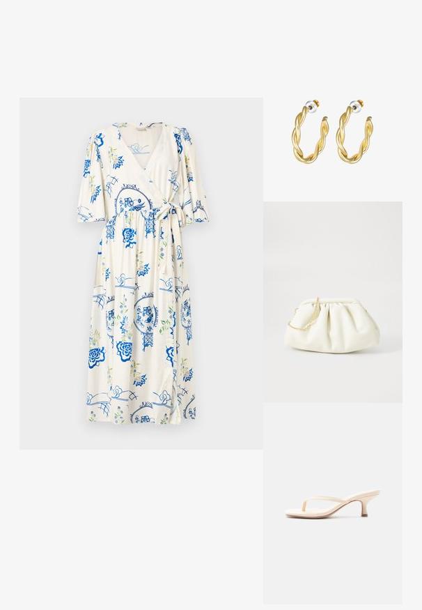 Robe portefeuille en tissu crème clair, ornée de motifs floraux bleus et d'accents verts. Manches bouffantes courtes, détail à nouer à la taille et longueur genou.; Sandale beige à talon ouvert avec lanière entre les orteils et petit talon aiguille, vue de profil sur un fond blanc uni.; Sac à main en cuir blanc avec un design plissé, doté d'une bandoulière en chaîne dorée et d'une forme arrondie. Texture lisse avec des plis doux et sans motifs.; Boucles d'oreilles créoles dorées torsadées avec une surface lisse, présentant un dos transparent et une quincaillerie dorée.