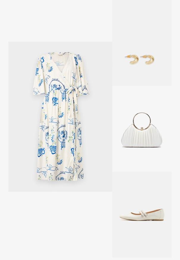 Robe portefeuille en tissu crème clair, ornée de motifs floraux bleus et d'accents verts. Manches bouffantes courtes, détail à nouer à la taille et longueur genou.; Ballerines en cuir verni blanc avec un bout pointu, deux sangles décoratives avec des boucles en argent, et une semelle marron discrète.; Sac à main plissé blanc avec une poignée circulaire en or, doté d'un tissu doux et d'une forme arrondie. Design élégant avec une finition texturée.; Boucles d'oreilles en forme de croissant en or avec une finition lisse, présentant des accents orange près du clou et un matériel en argent.
