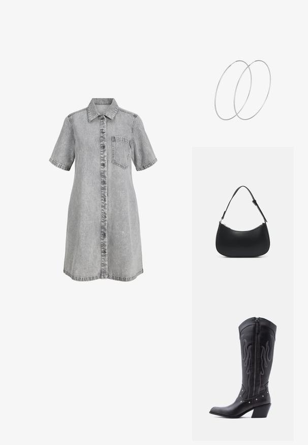 Grijze denim jurk met een knoopsluiting aan de voorkant, kraag, korte mouwen en een borstzak. Heeft een licht vervaagde textuur.; Zwarte leren cowboylaarzen met een puntige neus, zichtbare stiksels, zilveren studaccenten en een ritssluiting aan de binnenkant.; Pieces PCALUANA SHOULDER BAG - Handtas - black; Zilveren hoepel oorbellen met een minimalistisch ontwerp. Cirkelvormig, gladde textuur en dun profiel. Lichtgewicht met een gepolijste afwerking.