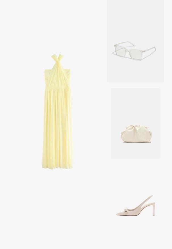 Langes, blassgelbes Neckholder-Kleid mit gerafftem Stoff um die Brust und fließendem plissiertem Rock, auf weißem Hintergrund dargestellt.; Beiger Leder-Slingback-Hochabsatzschuh mit spitzer Zehenpartie und Schleifendekoration vorne, schmaler Stilettoabsatz.; Klare, quadratische Kunststoffbrillen mit durchsichtigen Gläsern, die goldene Akzente an den Bügeln für zusätzliche Details aufweisen.; Weiche, cremefarbene Leder-Clutch mit gerafftem Design und einem dünnen Schulterriemen, der vorne auf einem schlichten Hintergrund liegt.