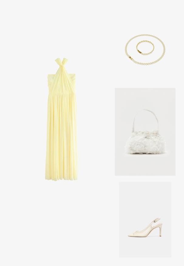 Lange, lichtgele halterjurk met geplooide stof rond de buste en een vloeiende geplooide rok, weergegeven op een witte achtergrond.; Roomkleurige high-heeled slingback schoen met puntige neus, kleine strikdetail en verstelbare gesp aan de enkel op een effen achtergrond.; Kleine witte handtas met stoffen rozen die het geheel bedekken en een dunne, enkele band als handvat, op een effen achtergrond.; Gouden sieradenset bestaande uit een halsketting en armband, beide versierd met cirkelvormige heldere kristallen en verbonden secties, met een soepele textuur.