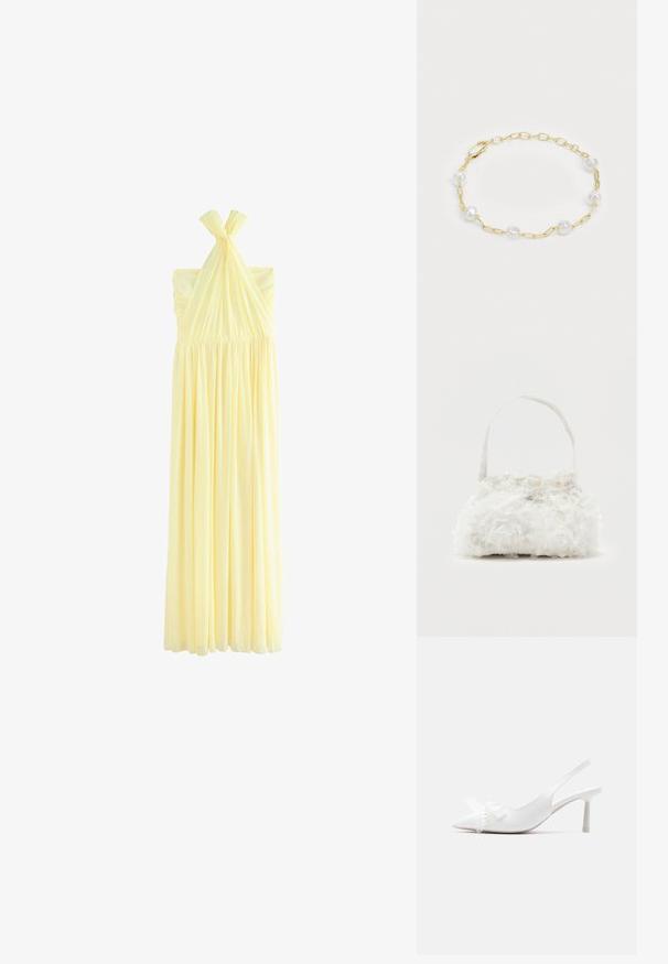 Lange, lichtgele halterjurk met geplooide stof rond de buste en een vloeiende geplooide rok, weergegeven op een witte achtergrond.; Witte slingback kitten heel met spitse neus, versierd met een hart en strik van parelkralen op het bovenwerk.; Kleine witte handtas met stoffen rozen die het geheel bedekken en een dunne, enkele band als handvat, op een effen achtergrond.; Gouden schakelpand met onregelmatige witte parels, met een kreeftsluiting, afwisselende schakels en een gladde, glanzende textuur.