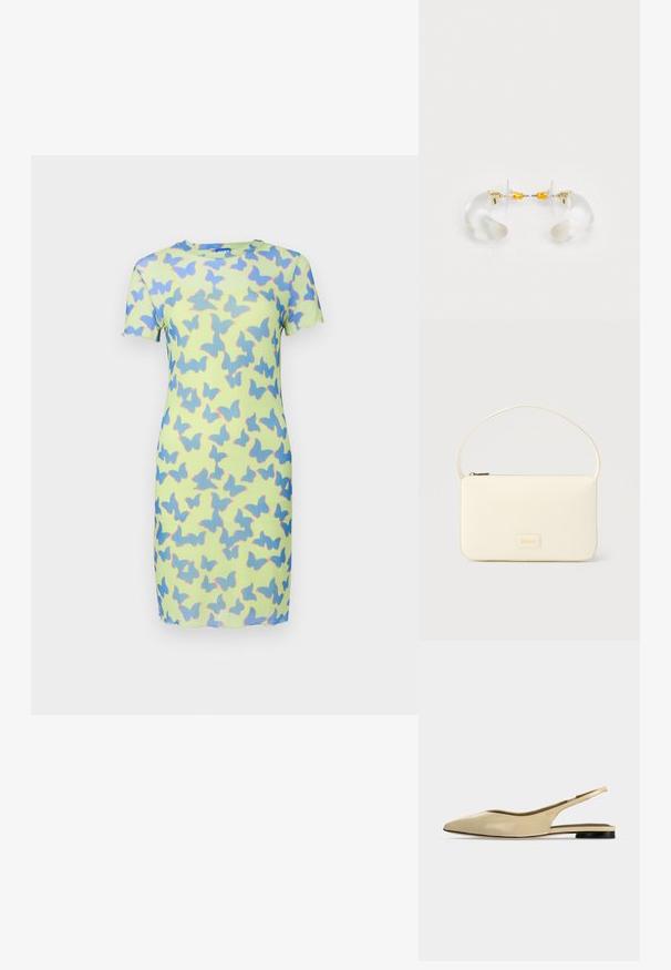 Robe à manches courtes en tissu vert clair, ornée d'un motif de papillons bleu et rose. Texture lisse avec une silhouette ajustée.; Chaussure plate beige à bout pointu avec bride arrière, petit talon noir et finition en cuir lisse, vue de côté sur un fond uni.; Sac à main rectangulaire de couleur crème avec une seule sangle et une fermeture éclair sur le dessus, comportant une petite plaque de logo embossé à l'avant.; Boucles d'oreilles en acrylique transparent avec accents dorés, présentant un design incurvé et un fermoir transparent. Texture lisse, style minimaliste.