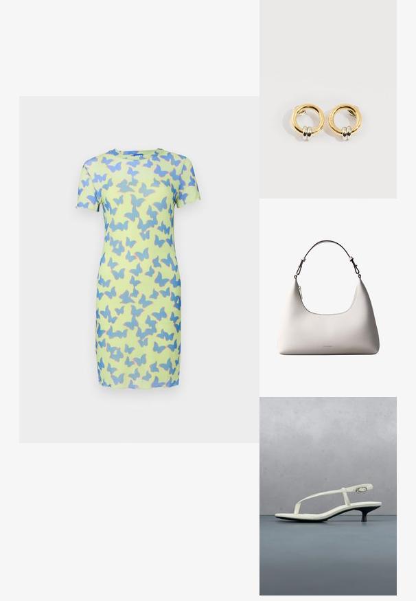 Robe à manches courtes en tissu vert clair, ornée d'un motif de papillons bleu et rose. Texture lisse avec une silhouette ajustée.; Sandale blanche à talon kitten avec des lanières et un bout pointu, flottant au-dessus d'un sol en carrelage en bois en plein air avec un arrière-plan flou de plante et de mur.; Sac à bandoulière en cuir couleur crème de Calvin Klein avec bord supérieur incurvé, fermeture éclair argentée et sangle ajustable brun foncé.; Boucles d'oreilles circulaires en or avec deux petites bagues en argent sur chacune, affichant des détails subtils du nom de la marque gravé, posées sur un fond blanc.