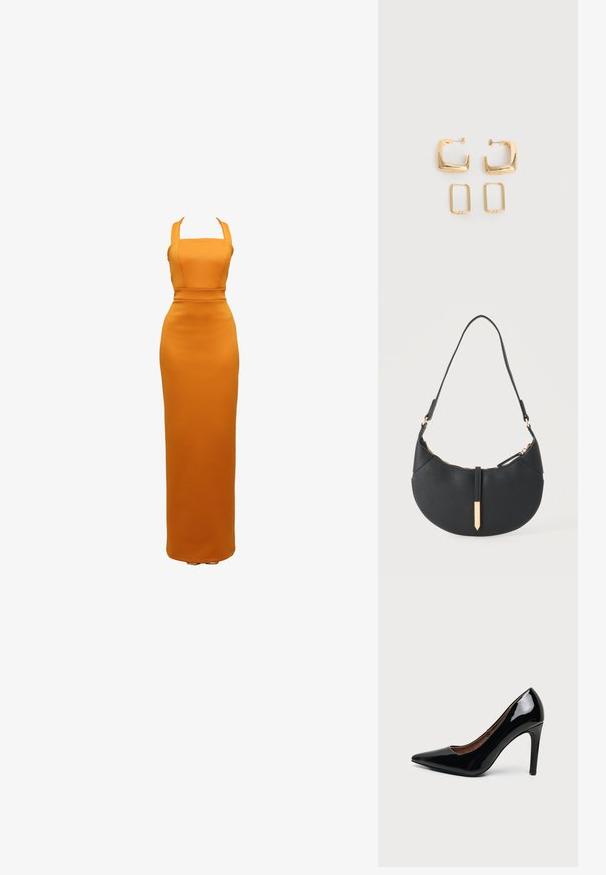 Πορτοκαλί, εφαρμοστό μάξι φόρεμα με φαρδιές τιράντες και δομημένη κορυφή. Λείος υφή με ενιαίο σχέδιο, μήκος έως το πάτωμα.; Γυναικείο μαύρο γυαλιστερό παπούτσι με ψηλό τακούνι, μυτερή μύτη και λεπτό τακούνι σε απλό λευκό φόντο.; Μαύρη τσάντα χεριού σε σχήμα ημισελήνου με έναν ιμάντα, χρυστό φερμουάρ και χρυσή ορθογώνια διακοσμητική ετικέτα μπροστά.; Δύο ζευγάρια χρυσούς γεωμετρικούς κρίκους σκουλαρίκια σε λευκή, απλή επιφάνεια, ένα ζευγάρι τετράγωνα και συμπαγή, ένα ζευγάρι ορθογώνια και κούφια.