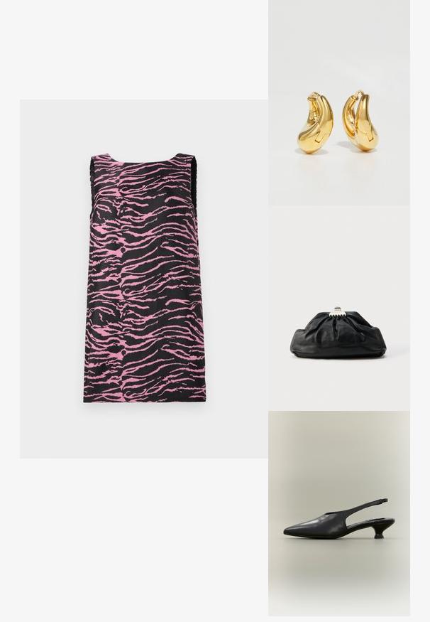 Mouwloze jurk van zwarte stof met een roze tijgerstreep patroon, met een rechte snit en een gladde textuur. Geen zichtbare hardware of accenten.; Zwarte leren slingback schoen met puntige neus en lage kittenhak op een neutrale achtergrond.; Zwarte leren clutch met een geplooide textuur, metalen sluiting en een subtiel geperst logo aan de voorkant. Afgeronde vorm.; Gouden oorringen met een gladde, gebogen vorm en gepolijste afwerking. Bevat een sluitmechanisme en lichte inkepingen voor detail.