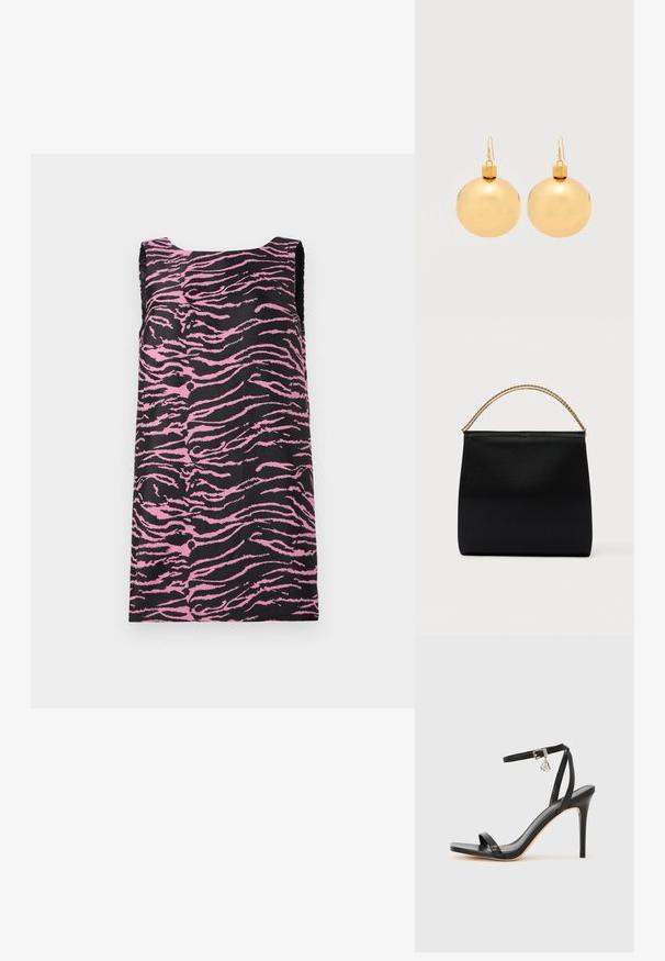 Mouwloze jurk van zwarte stof met een roze tijgerstreep patroon, met een rechte snit en een gladde textuur. Geen zichtbare hardware of accenten.; Zwarte sandaal met hoge hak, smalle enkelband, vierkante neus, soepel leermateriaal en metalen gespsluiting.; Zwarte tas van gladde stof met een gestructureerde vorm, een handvat van gouden ketting en een minimalistisch geometrisch ontwerp.; Een paar glanzende gouden kerstbal-oorbellen met haaksluitingen op een effen witte achtergrond.