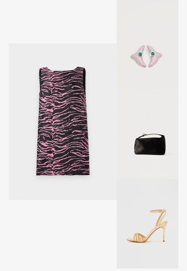Mouwloze jurk van zwarte stof met een roze tijgerstreep patroon, met een rechte snit en een gladde textuur. Geen zichtbare hardware of accenten.; Open-toe hoge hak sandaal in metallic goud met gedraaide banddetails, smalle enkelband en gestructureerde hak. Stiletto hak ontwerp.; Zwarte satijnen pouch tas met een ronde vorm, een handvat bovenop en een gouden sluiting. Soepele textuur met een minimalistisch ontwerp.; Paar roze sterrenvormige oorbellen bezet met strass-steentjes en een centrale ronde groene edelsteen op een eenvoudige lichte achtergrond.