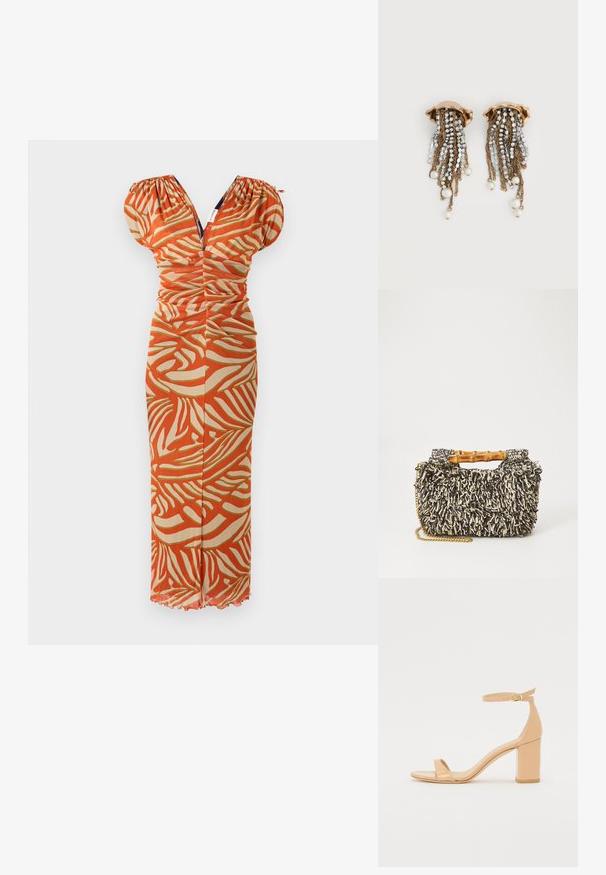 Rood en beige gemêleerde jurk met pofmouwen, geplooide lijf, V-hals en een soepele textuur. Uitlopende zoom met geplooide details.; Nude patenten leren heeled sandalen met een vierkante neus, enkelbandje en een stevige blokhak. Gladde textuur en minimalistische ontwerpelementen.; Geweven tas met een gestructureerd zwart-en-crème patroon, bamboe handvat en een afneembare gouden kettingriem. Compacte rechthoekige vorm.; Goudkleurige clip-on oorbellen met vallende strasskettingen en hangende witte parels op een witte achtergrond.