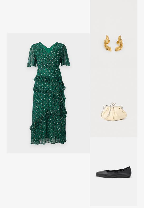 Groene jurk met luipaardvlekken, gelaagde ruffles bij de taille en zoom, korte klokmouwen en een diepe V-hals. Lichte, transparante stof.; Zwarte leren ballerina met een ronde neus, gladde textuur, minimale stikdetails en een flexibele zoolontwerp.; Geplooide beige leren clutch met een zilveren metalen frame, voorzien van twee ronde decoratieve sluitingen en een zilveren kettingriem.; Gouden oorbellen met een twisted leaf ontwerp, versierd met kleine fonkelende stenen, en met een stekerbevestiging.