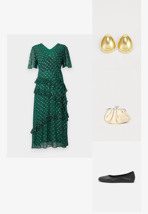 Robe verte avec des taches de léopard, volants superposés à la taille et à l'ourlet, manches courtes en forme de cloche, et un décolleté en V profond. Tissu léger et transparent.; Ballerines en cuir noir avec un bout rond, texture lisse, détails de couture minimalistes et design de semelle flexible.; Pochette en cuir beige plissé avec un cadre en métal argenté, dotée de deux fermoirs ronds décoratifs et d'une chaîne en argent.; Boucles d'oreilles clous de couleur or avec une surface lisse et polie, en forme de goutte d'eau, réfléchissant la lumière pour un fini éclatant.