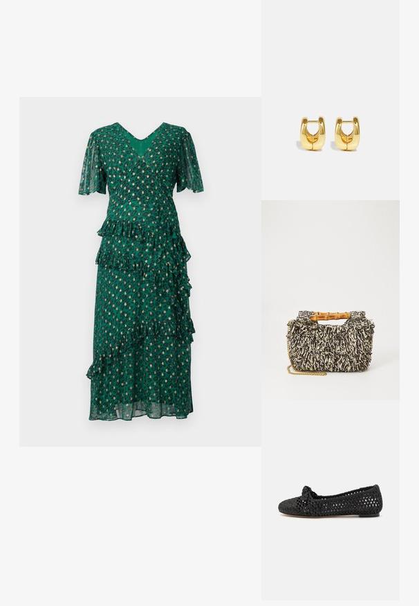 Vestido verde con manchas de leopardo, volantes en capas en la cintura y el dobladillo, mangas cortas en forma de campana y un escote en V profundo. Tejido ligero y traslúcido.; Zapato plano negro con parte superior de textil trenzado, que presenta un acento anudado en la puntera. Suela lisa, forma de punta redonda y diseño de tejido abierto.; Bolso tejido con un patrón texturizado en negro y crema, asa de bambú y una correa de cadena dorada removible. Forma rectangular compacta.; Pendientes de aro de oro con un diseño elegante y redondeado. Presentan un centro hueco y una superficie brillante, complementando estilos modernos.