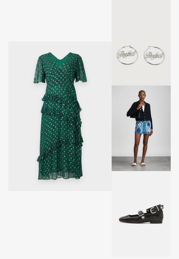 Vestido verde con manchas de leopardo, volantes en capas en la cintura y el dobladillo, mangas cortas en forma de campana y un escote en V profundo. Tejido ligero y traslúcido.; Zapato plano de charol negro con punta cuadrada, correa de tobillo con herrajes de plata y suela plana. Textura suave con diseño minimalista.; Cárdigan negro de punto, blusa blanca, falda de mezclilla con patrón de diamantes en azul y negro, bolso negro y sandalias deslizantes beige.; Pendientes de aro plateados con la palabra "Perfecto" escrita con pedrería dentro de cada aro sobre un fondo blanco.