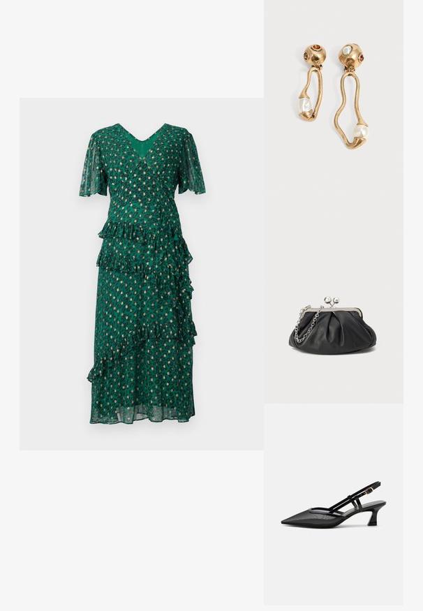 Robe verte avec des taches de léopard, volants superposés à la taille et à l'ourlet, manches courtes en forme de cloche, et un décolleté en V profond. Tissu léger et transparent.; Chaussure slingback noire à bout pointu avec tige en mesh, fines brides, boucle dorée et petit talon incurvé sur fond blanc.; Porte-monnaie en cuir noir avec texture froncée, cadre en métal argenté, fermeture à verrouillage kiss-lock et bandoulière en chaîne. Surface lisse et douce.; Boucles d'oreilles en ton doré avec des formes ouvertes irrégulières, chacune ornée d'une perle en bas et de détails en pierres précieuses sur les clous ronds.