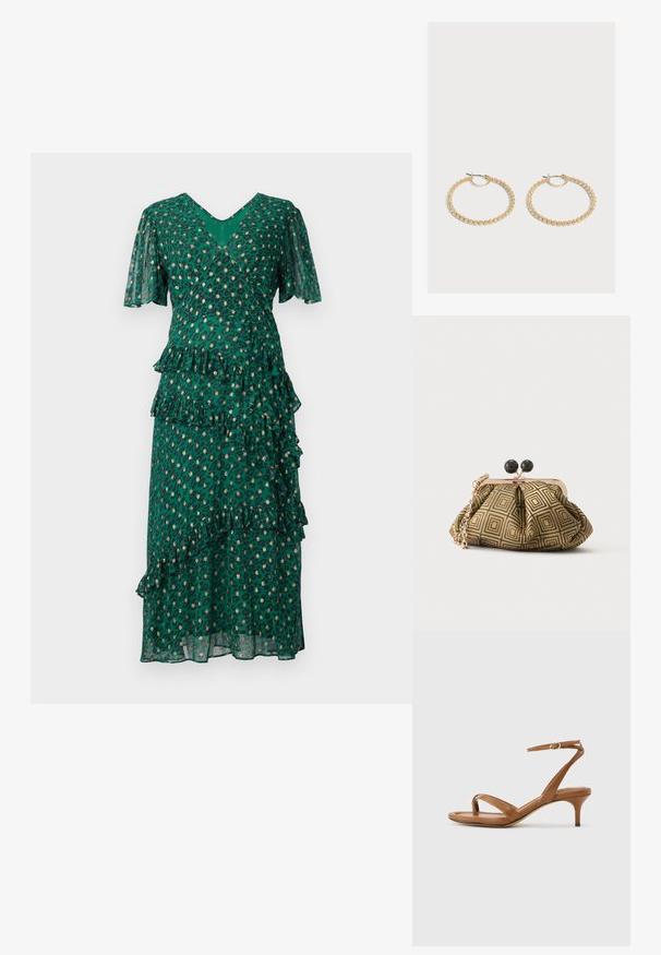 Vestido verde con manchas de leopardo, volantes en capas en la cintura y el dobladillo, mangas cortas en forma de campana y un escote en V profundo. Tejido ligero y traslúcido.; Sandalia de cuero marrón con tiras, tacón bajo de estilo kitten y una correa en el tobillo con una pequeña hebilla, mostrada de lado sobre un fondo liso.; Pequeño bolso de mano con patrón geométrico en dorado y negro, marco metálico dorado, cierre de bola negro y una corta correa de cadena dorada.; Par de pendientes de aro dorados de tamaño mediano con un diseño texturizado y con cuentas sobre un fondo claro y liso.