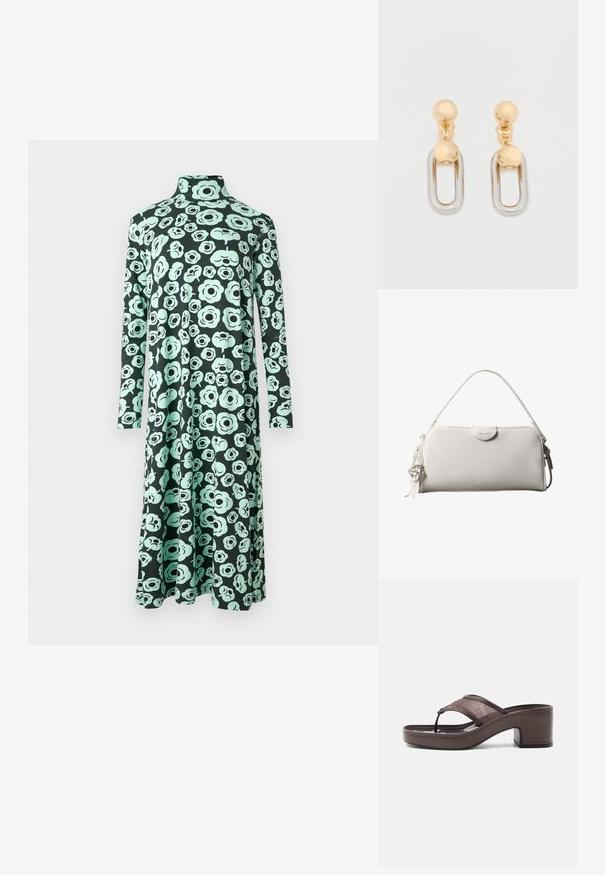 Langærmet kjole med høj hals og udvidet skødesøm, der har en sort base og et lyst turkis abstrakt blomsterprint.; Brun sandal med hæl med mesh-rem og tæst design, med blokhæl og syet sål, vist i profil mod hvid baggrund.; Hvid rektangulær Calvin Klein håndtaske med enkelt håndtag, minimalistisk design og dekorative kvaster med geometrisk metalvedhæng på siden.; Guld- og sølvøreringe med en kugleformet top og et forlænget, ovalformet hængende element med en skinnende finish.