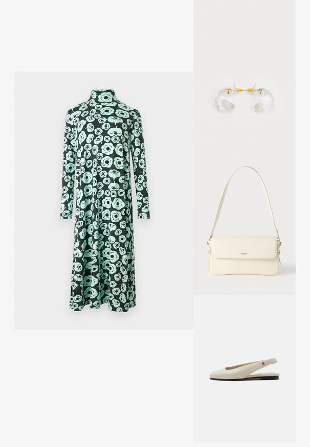 Vestido de manga larga y cuello alto con dobladillo acampanado, que presenta una base negra y un patrón abstracto de flores en tonos azul verdoso claro.; Zapato plano slingback de cuero color crema con puntera redondeada y pequeño emblema dorado en la correa.; Bolso de hombro de cuero color crema con cierre de solapa, herrajes plateados, una sola correa ajustable y detalles sutiles con el logo.; Pendientes de aro de acrílico transparente con acentos dorados, que presentan un diseño curvado y un cierre transparente. Textura suave, estilo minimalista.