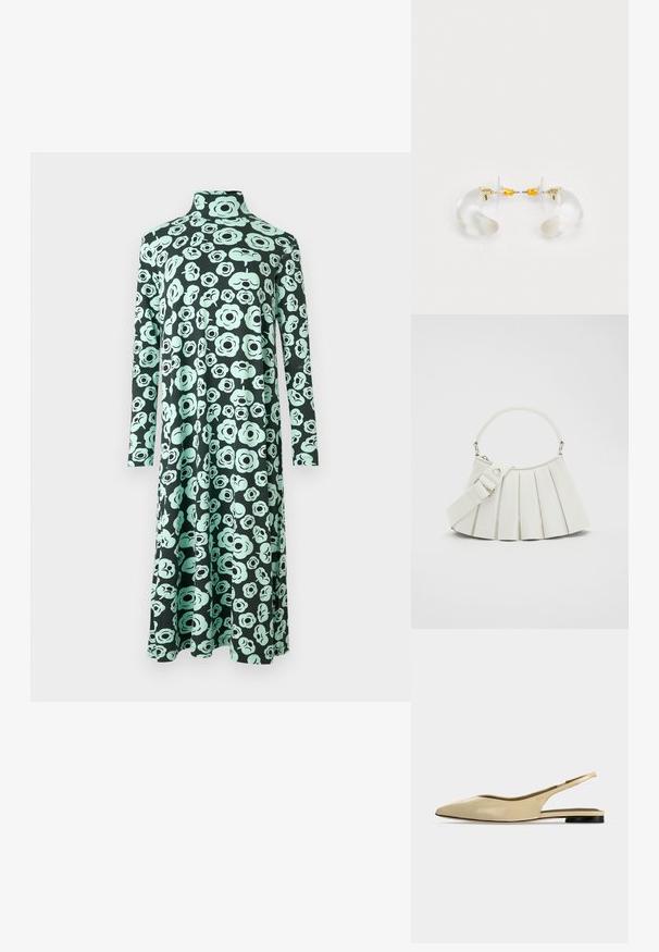 Jurk met lange mouwen en hoge halslijn, met een uitlopende zoom, uitgevoerd in een zwarte basis met een licht teal abstract bloemmotief.; Beige platte slingback schoen met puntige neus, lage zwarte hak en een glad leren afwerking, zijaanzicht op een effen achtergrond.; Lacoste LENGLEN BAG - Handtas - cristalline; Heldere acryl oorringen met gouden accenten, met een gebogen ontwerp en transparante sluiting. Gladde textuur, minimalistische stijl.