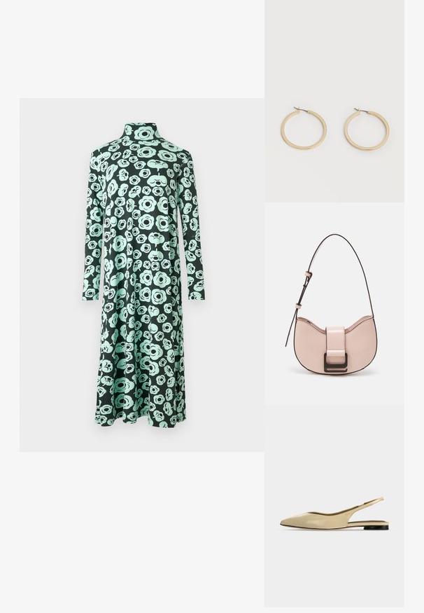 Vestido de manga larga y cuello alto con dobladillo acampanado, que presenta una base negra y un patrón abstracto de flores en tonos azul verdoso claro.; Zapato plano beige con puntera puntiaguda, diseño slingback, tacón bajo negro y acabado en cuero liso, mostrado de perfil sobre un fondo liso.; Pequeño bolso de piel rosa curvado con un acabado brillante, que presenta una correa de acento negra y un gran cierre de broche negro. Diseño cruzado.; Par de pendientes de aro de tamaño mediano con tono dorado y cierre de bisagra sobre un fondo claro y liso.