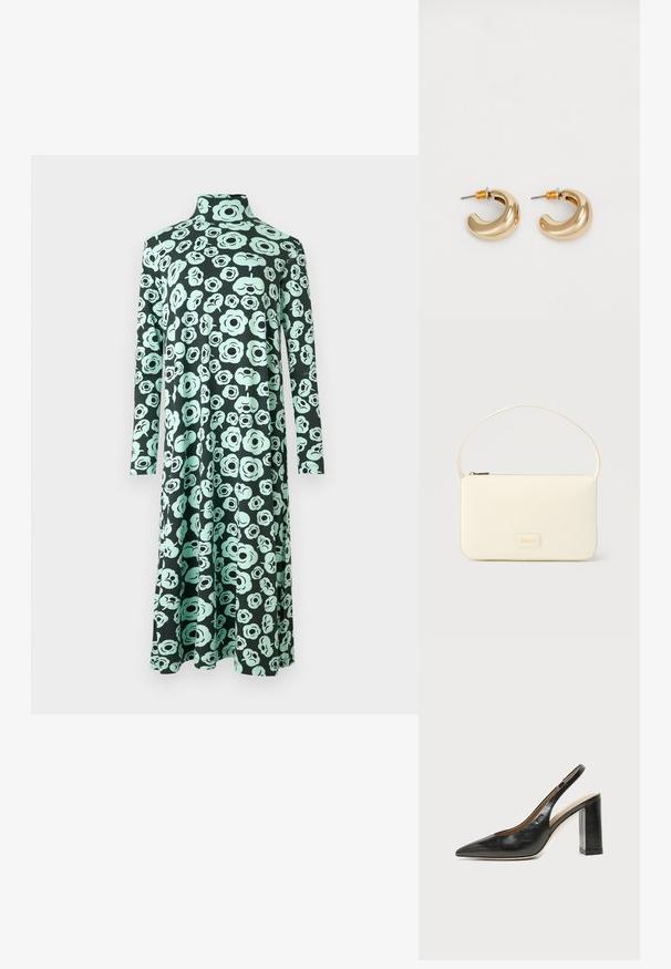 Jurk met lange mouwen en hoge halslijn, met een uitlopende zoom, uitgevoerd in een zwarte basis met een licht teal abstract bloemmotief.; Zwarte leren slingback schoen met spits toelopend neusje, hoge blokhak en beige binnenvoering tegen een effen lichte achtergrond.; Roomkleurige rechthoekige handtas met een enkele draagband en een ritssluiting aan de bovenkant, met een klein ingegraveerd logoplacaat op de voorkant.; Twee glanzende gouden hoepel oorbellen in een gebogen ontwerp, met oranje accenten bij de oorpost, tegen een eenvoudige witte achtergrond.