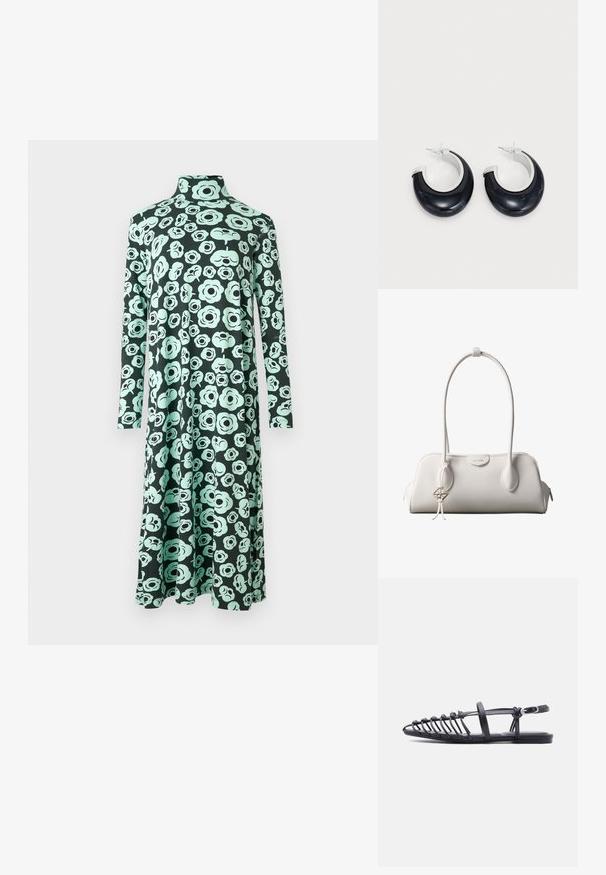 Langærmet kjole med høj hals og udvidet skødesøm, der har en sort base og et lyst turkis abstrakt blomsterprint.; Sort flad sandal med flere tynde remme, ankelrem med spænde og åben tå-burdesign på hvid baggrund.; Hvid Calvin Klein skuldertaske med lange håndtag, rektangulær form, lynlåslukning og dekorativt logohæng tæt på håndtaget.; Sorte harpiks hoops øreringe med en skinnende overflade og silvertone hardware detaljer. Cirkulær form med en udskæring og stift-bagside lukning.