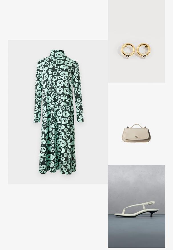 Vestido de manga larga y cuello alto con dobladillo acampanado, que presenta una base negra y un patrón abstracto de flores en tonos azul verdoso claro.; Sandalia blanca de tacón kitten con tiras y punta afilada, flotando sobre un suelo de baldosas de madera al aire libre, con un fondo desenfocado de plantas y pared.; Pequeño bolso de mano de cuero beige con asa superior y logo plateado de CK en la solapa frontal, mostrado sobre un fondo blanco.; Pendientes circulares de oro con dos pequeños anillos de plata en cada uno, que muestran detalles sutiles del nombre de la marca grabado, colocados sobre un fondo blanco.