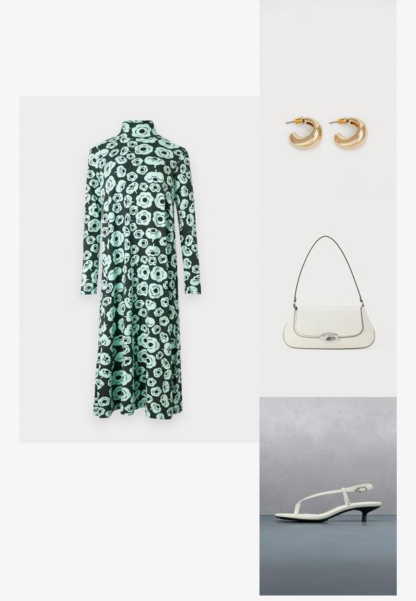 Vestido de manga larga y cuello alto con dobladillo acampanado, que presenta una base negra y un patrón abstracto de flores en tonos azul verdoso claro.; Sandalia blanca de tacón kitten con tiras y punta afilada, flotando sobre un suelo de baldosas de madera al aire libre, con un fondo desenfocado de plantas y pared.; Bolso de cuero blanco con un diseño curvado, costuras negras en contraste y un cierre de metal plateado que presenta el logo de Calvin Klein.; Dos pendientes de aro dorados brillantes en un diseño curvado, con acentos naranjas cerca del poste, sobre un fondo blanco liso.