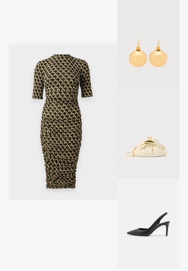 Aangesloten jurk tot kniehoogte met driekwart mouwen, hoge halslijn, gerimpelde zijkanten en een geometrisch diamanten patroon in groen, zwart en beige.; Zwarte leren slingback hoge hakken met een puntige neus, met een uitsparing aan de voorkant en een dunne stilettohak.; Crèmekleurige clutch gemaakt van zacht materiaal, met een gouden sluiting en kettingriem, met een geplooid ontwerp op het lichaam.; Een paar glanzende gouden kerstbal-oorbellen met haaksluitingen op een effen witte achtergrond.