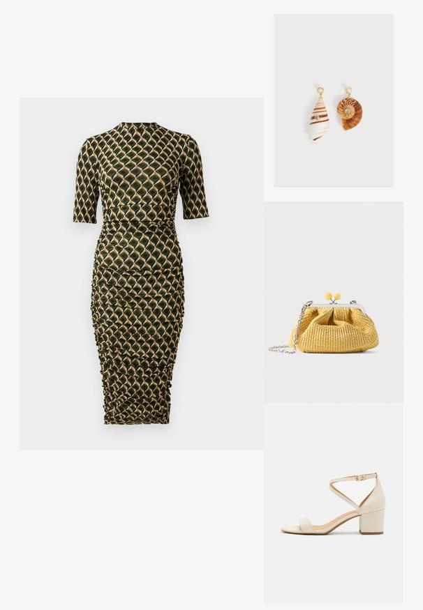 Figurbetontes knielanges Kleid mit Dreiviertelärmeln, hohem Halsauschnitt, gerafften Seiten und einem geometrischen Diamantenmuster in Grün, Schwarz und Beige.; Beige Blockabsatzsandalen mit einem minimalistischen Design, offener Zehenpartie und verstellbarem Knöchelriemen mit einer goldenen Schnallenakzentuierung. Glatte Textur.; Kleine gelbe gewebte Handtasche mit silbernem Rahmen, zwei gelben Kugelverschlüssen und einem silbernen Kettenriemen auf weißem Hintergrund.; Asymmetrische Ohrringe mit Muschel-Anhängern, goldfarbene Stecker mit Perlenkappen und kleinen eingearbeiteten klaren Edelsteinen auf jeder Muschel.
