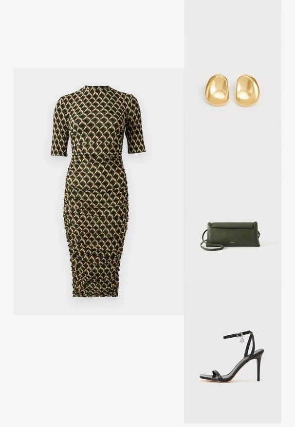 Vestido ajustado de longitud hasta la rodilla con mangas tres cuartos, cuello alto, laterales fruncidos y un patrón geométrico de diamantes en verde, negro y beige.; Sandalia de tacón alto negra con una estrecha correa en el tobillo, punta cuadrada, material de cuero liso y detalle de hebilla metálica.; Bolso cruzado de cuero texturizado en verde oscuro con cierre de solapa y correa delgada ajustable, grabado con el pequeño logo dorado "Bee Projects".; Pendientes de studs en color dorado con una forma suave y redondeada y una superficie reflectante, que exhiben un diseño minimalista y sin patrones visibles.