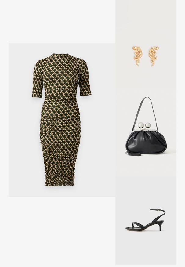Vestido ajustado de longitud hasta la rodilla con mangas tres cuartos, cuello alto, laterales fruncidos y un patrón geométrico de diamantes en verde, negro y beige.; Sandalia negra de cuero para mujer con tiras finas, un lazo para el dedo del pie, hebilla en el tobillo y tacón de aguja de altura media sobre un fondo neutro.; Bolso de mano de cuero negro con diseño fruncido, una sola correa, marco metálico plateado y dos cierres grandes redondos de plata.; Pendientes en forma de serpiente con tono dorado adornados con pequeños cristales claros sobre un fondo claro liso.