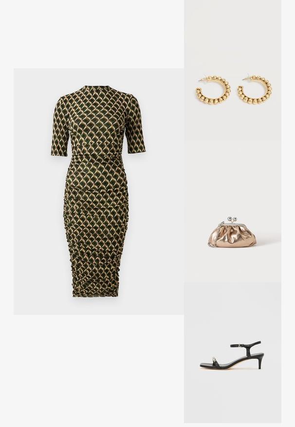 Figurbetontes knielanges Kleid mit Dreiviertelärmeln, hohem Halsauschnitt, gerafften Seiten und einem geometrischen Diamantenmuster in Grün, Schwarz und Beige.; Schwarze Leder-Sandale mit Absatz und Knöchelriemen, offenem Zehenbereich, quadratischer Vorderseite und silbernen Metallakzenten. Eng anliegendes Design mit schlanker Silhouette.; Kleine goldene Metallic-Clutch mit silbernem Verschluss und Kettengurt auf einfachem hellem Hintergrund.; Paar goldfarbene Creolen mit abgerundeten Perlendetails entlang des äußeren Randes auf hellem Hintergrund.
