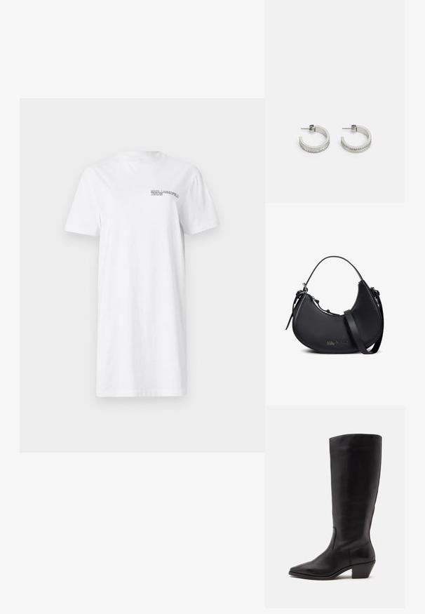 Witte katoenen t-shirt jurk met een ronde hals, korte mouwen en een klein zwart merklogo op de linkerborst.; Zwarte leren laars tot half op de kuit met een puntige neus en een lage schuine hak op een effen lichte achtergrond.; Zwarte, halve maanvormige leren handtas met dubbele hengsels, zilveren rits en subtiel "Karl Lagerfeld Jeans" logo aan de voorkant.; Zilveren oorringen met een gladde oppervlakte en een rij kleine heldere stenen langs de onderrand, met een achterkant met een knop.