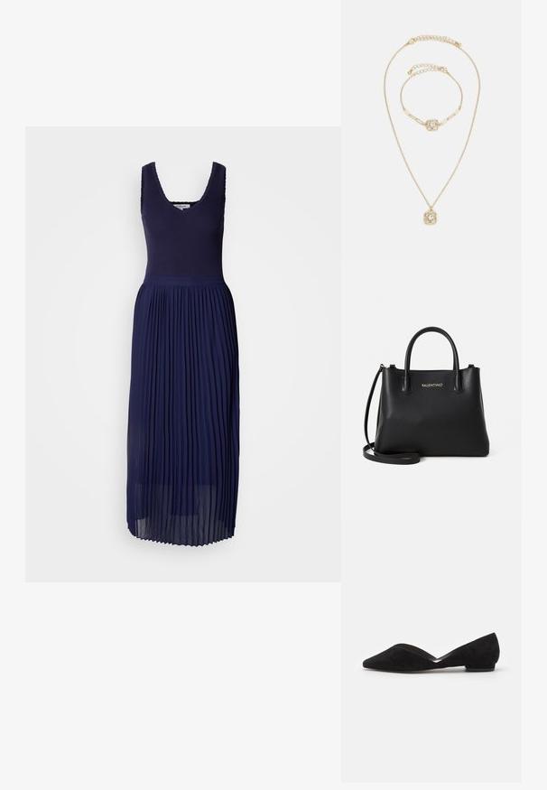 Robe plissée bleu marine avec un corsage côtelé et un col en V. La jupe présente des plis verticaux, créant une apparence fluide et texturée.; Chaussure plate en suède noir avec un bout pointu et un petit talon. Présente un design à bord festonné et une texture lisse. Profil élégant et minimaliste.; Sac à main en cuir noir avec double anses supérieures, bandoulière amovible, forme rectangulaire et logo "Valentino" embossé en or.; Ensemble de bijoux dorés comprenant un collier et un bracelet. Les deux présentent un design floral avec une pierre précieuse claire au centre. Les chaînes sont délicates et texturées.