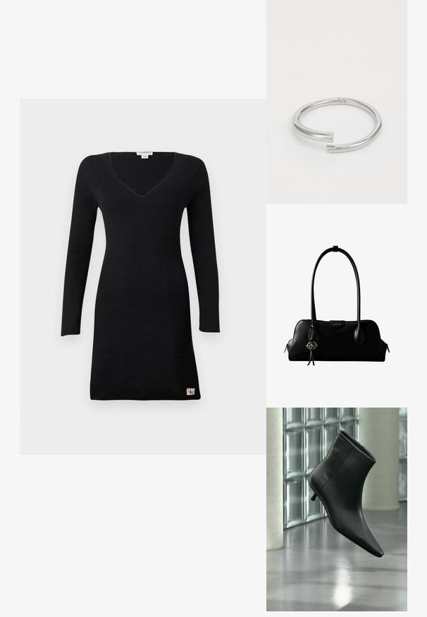 Robe noire en maille côtelée avec manches longues, encolure en V, et une petite étiquette de marque près de l'ourlet sur un fond clair uni.; Bottine en cuir noir à bout pointu et petit talon kitten, présentée en angle devant un sol poli et un mur en blocs de verre.; Sac à main en cuir noir Calvin Klein avec de longues anses, une étiquette logo à l'avant et un charme géométrique argenté suspendu à une anse.; Calvin Klein SPIRAL - Bracelet - silver-coloured