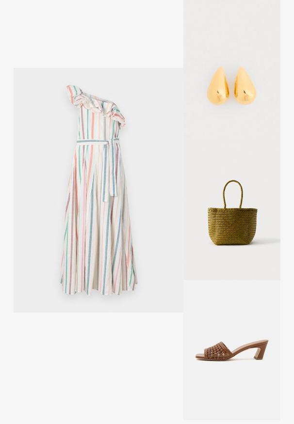 Stribet one-shoulder kjole med flæsekrave, prydet med lodrette striber i pastelfarver, indsnøret talje med matchende bælte og svævende nederdel.; Brun flettet mule med åben tå, blokhæl og slip-on design på en ensfarvet hvid baggrund.; Vævet stråtaske med rund bund og to løkkehåndtag, vist mod en ensfarvet lys baggrund.; Guld dråbeøreringe med en glat, poleret overflade og afrundede bunde, der reflekterer lyset med en skinnende finish.