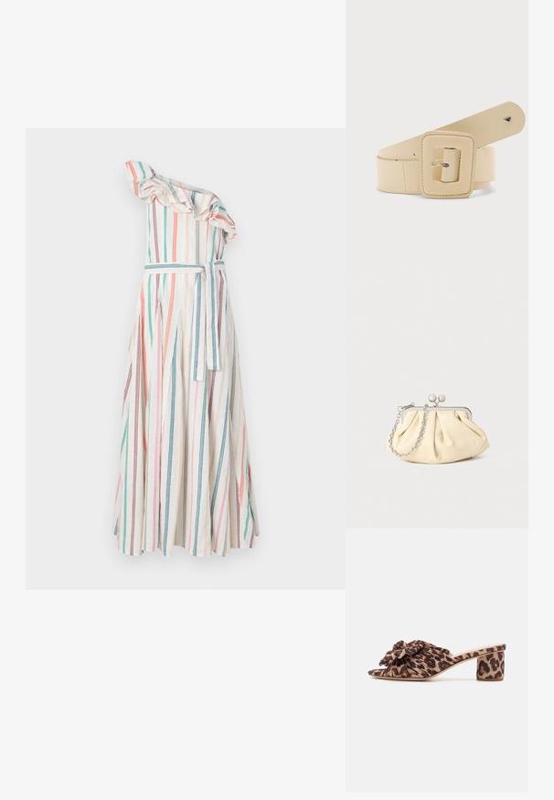 Robe une épaule rayée avec un col à volants, présentant des rayures verticales dans des couleurs pastel, taille cintrée avec une ceinture assortie, et jupe fluide.; Mules à talons en imprimé léopard avec un dessus plissé et un accent floral. Design à bout ouvert et un talon moyen épais avec un motif texturé.; Pochette en cuir beige plissé avec un cadre en métal argenté, dotée de deux fermoirs ronds décoratifs et d'une chaîne en argent.; Ceinture large de couleur crème avec une grande boucle carrée et un petit détail d'abeille en argent près de l'extrémité.