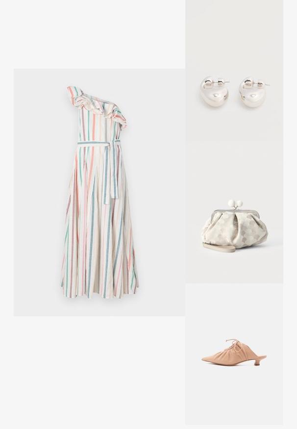 Vestido de una sola manga a rayas con cuello volado, que presenta rayas verticales en colores pastel, cintura ceñida con cinturón a juego y falda fluida.; Zueco de mujer de cuero beige con puntera puntiaguda, parte superior fruncida, cordón ajustable y tacón bajo de estilo kitten sobre fondo blanco.; Pequeño bolso de mano beige con tela texturizada de lunares, marco plateado, cierre redondo blanco y correa para la muñeca desmontable sobre fondo liso.; Par de pendientes llamativos de aro grueso plateado brillante con cierre de poste sobre un fondo blanco liso.