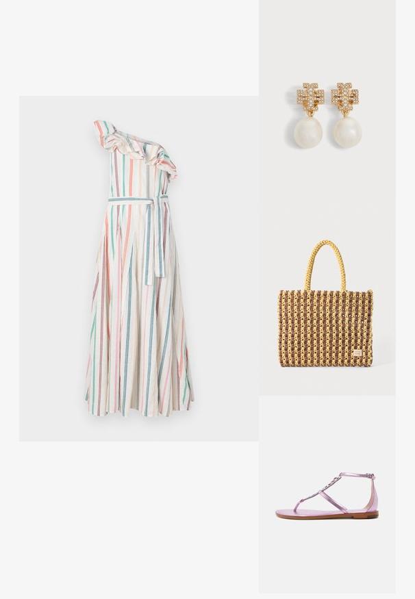 Stribet one-shoulder kjole med flæsekrave, prydet med lodrette striber i pastelfarver, indsnøret talje med matchende bælte og svævende nederdel.; Metalisk pink flad sandal med T-rem design, ankelspspænde, åben tå og lavt træsål.; Vævet taske i brun og gul, med en rektangulær form, to håndtag, og en tekstureret overflade med synlige sting og et mærke.; Ørestikker i guldton med krystalbesat korsdesign og store hvide perledråber på hvid baggrund.