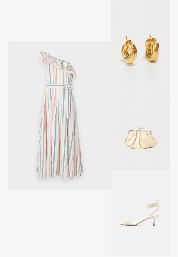 Vestido de una sola manga a rayas con cuello volado, que presenta rayas verticales en colores pastel, cintura ceñida con cinturón a juego y falda fluida.; Sandalia de tacón bajo color crema con lazos alrededor del tobillo y una amplia tira retorcida sobre los dedos, sobre un fondo blanco liso.; Clutch de cuero beige plisado con un marco de metal plateado, que cuenta con dos broches decorativos redondos y una correa de cadena plateada.; Pendientes de aro grueso en oro con un diseño tubular ligeramente retorcido y cierre de presión, sobre un fondo blanco.