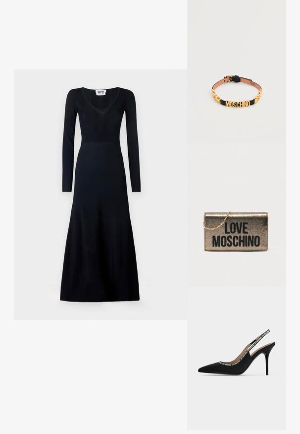 Langärmliges schwarzes Kleid mit tailliertem Oberteil und V-Ausschnitt. Gerippte Textur im oberen Bereich, glatter Stoff im Rock, bodenlang.; Schwarzer spitzer Slingback-Pumps mit dünnem Stiletto-Absatz und "LOVE MOSCHINO" Text auf dem Riemen und Rand.; Metallische goldfarbene Clutch-Tasche mit Kettenriemen. Auf der Vorderseite ist der fett gedruckte schwarze Schriftzug "LOVE MOSCHINO" zu sehen. Glatte Textur, rechteckige Form.; Schwarzer Lederhalsband mit verstellbarer Schnalle und goldenen Buchstaben, die vorne "MOSCHINO" buchstabieren.