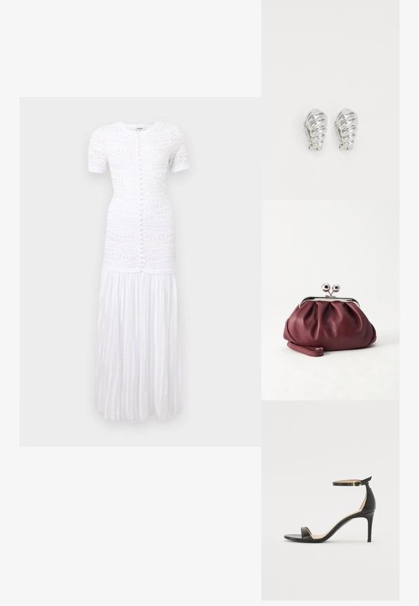 Robe maxi blanche à manches courtes avec fermeture à boutons à l'avant, broderie florale texturée sur le corsage, et détails de jupe plissée.; Sandale à talons hauts en cuir noir avec une lanière de cheville. Présente une texture lisse, un bout ouvert et un talon fin. Détail de boucle en ton doré.; Petit sac pochette en cuir bordeaux avec fermoir métallique argenté et bracelet sur fond blanc.; Boucles d'oreilles en clip argentées avec un design en spirale, présentant une texture métallique lisse et des formes arrondies. Pas d'embellissements ou de motifs visibles.