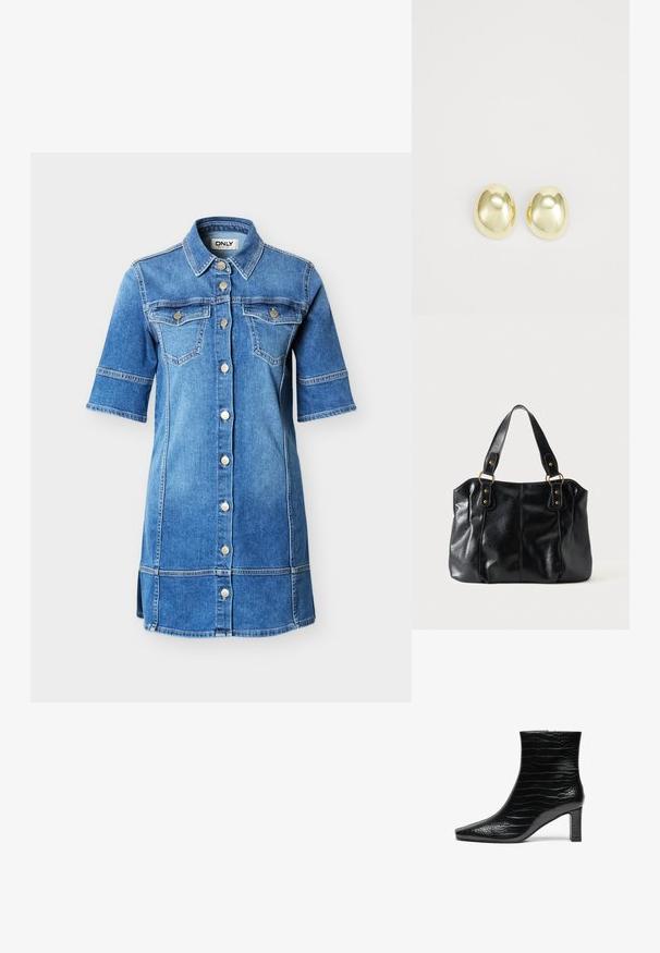 Φόρεμα πουκάμισο από denim σε ανοιχτό μπλε, με κοντά μανίκια, τέσσερις τσέπες μπροστά και κλείσιμο με ασημένια κουμπιά. Διακοσμητικό ράψιμο σε όλο το ύφασμα.; Μαύρο μποτάκι στον αστράγαλο με μυτερή μύτη, γυαλιστερή επιφάνεια υφής κροκοδείλου και μεσαίου ύψους τετράγωνη φτέρνα. Λείος, κομψός σχεδιασμός.; Μαύρη δερμάτινη τσάντα ώμου με διπλές τιράντες που συνδέονται με χρυσούς κρίκους και καρφιά, λεία και ελαφρώς γυαλιστερή επιφάνεια, απλός σχεδιασμός.; Σκουλαρίκια από μέταλλο σε χρυσό τόνο με λείο, στρογγυλό σχήμα και γυαλιστερή φινίρισμα. Απλός σχεδιασμός χωρίς επιπλέον διακοσμητικά στοιχεία.