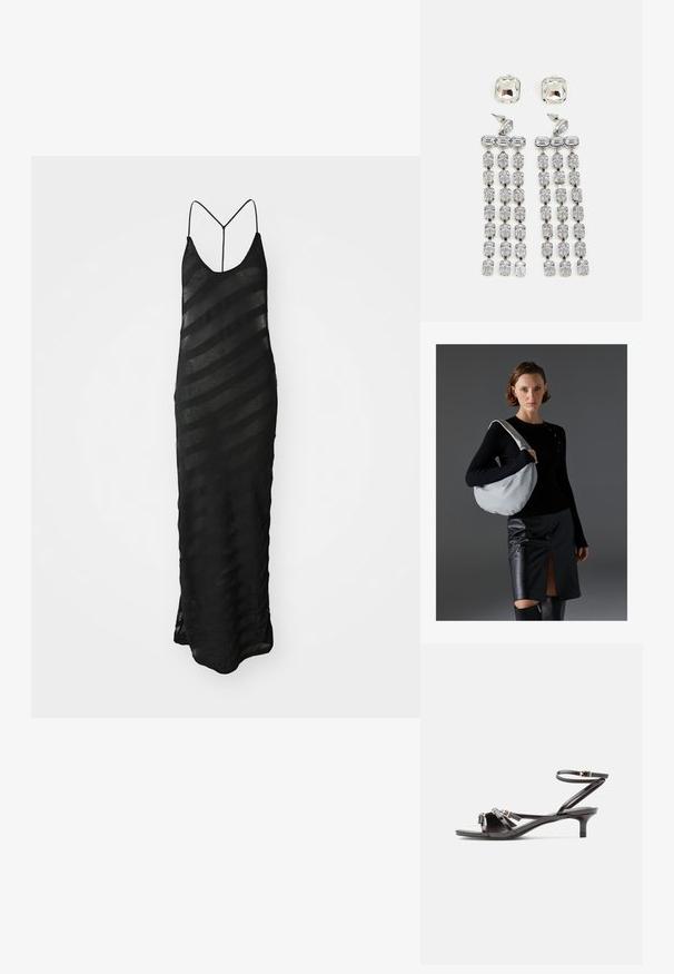 Must valmis must maxi kleit V-kaelusega ja õhukeste rihmadega. Valmistatud läbipaistvast kangast, millel on horisontaalne triipude muster erineva läbipaistvusega. Allosas on lõhik.; Mustast lakknahast sandaal õhukeste rihmade, väikese kassikontsaga ja reguleeritava pahkluu pandlaga.; Heleda kott heledates hallides, pehmest materjalist, ümar kuju. Stiliseeritud musta pikakä sleeve topi ja musta nahkse seeliku juurde, millel on ees lõhe.; Kristallheitede kõrvarõngad hõbedase tooni riistvaraga, millel on ruudukujuline nööp ja rippuvad read ristkülikukujulisi ja kaheksanurkseid kristalle.