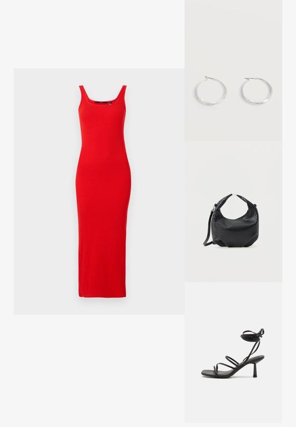 Rød ribbet maxikjole med rundet halsudskæring og ærmeløs design. Den glatte stof strækker sig til anklerne og tilbyder en tætsiddende silhuet.; Sort strappy sandal med firkantet tå, justerbare ankelbind og en slank, blokhæl. Fremstillet af et glat, holdbart materiale.; Sort flettet læderhåndtaske med kort håndtag og aftagelig skulderrem, vist mod en ensfarvet lys baggrund.; Sølvfarvede metaloorringe med glat, let buet overflade og låsemekanisme på en ensfarvet hvid baggrund.