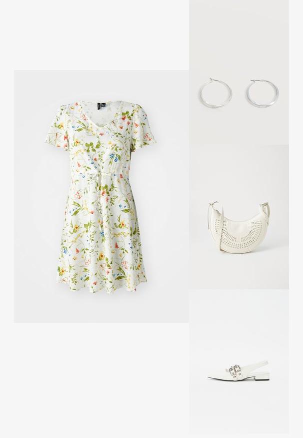 Blomstret kjole med V-udskæring, korte ærmer og bånd i taljen. Har en hvid baggrund med grønne, gule, røde og blå blomsterbroidery.; Hvide læder slingback sko med spids tå, sølv spænde detaljer og en lav blokhæl. Glat tekstur med minimal dekoration.; Hvid vegan læder skuldertaske med perforeret cirkulært design, justerbar strop og indgraveret logo foran. Lynlåslukning øverst.; Sølvfarvede metaloorringe med glat, let buet overflade og låsemekanisme på en ensfarvet hvid baggrund.
