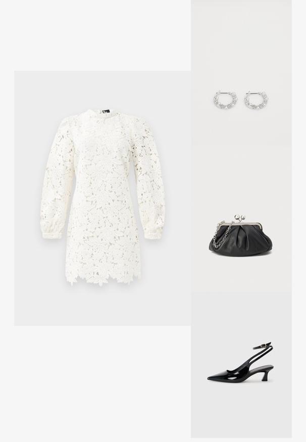 Robe en dentelle blanche avec des motifs floraux, des manches longues bouffantes, un col haut et un ourlet festonné pour plus de détails.; Escarpins à brides arrière en cuir verni noir, à bout pointu, avec un petit talon carré et une sangle de cheville ajustable dotée d'une boucle dorée.; Porte-monnaie en cuir noir avec texture froncée, cadre en métal argenté, fermeture à verrouillage kiss-lock et bandoulière en chaîne. Surface lisse et douce.; Boucles d'oreilles en argent en forme de créoles avec des accents de perles et de cristaux, présentant une surface texturée et une fermeture à tige sécurisée.
