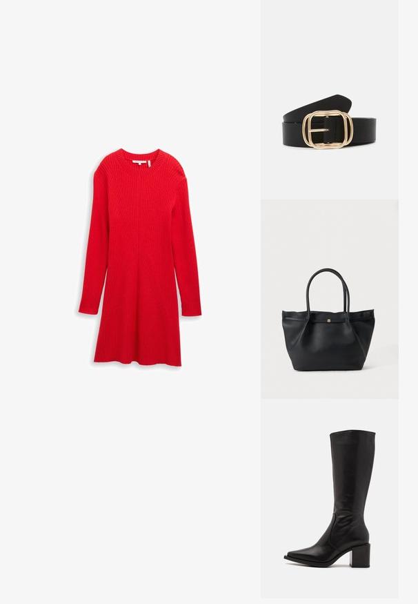 Robe en tricot rouge à manches longues, présentant une texture côtelée et des détails de couture diagonaux. Ourlet plus court sur les côtés. Encolure ronde classique.; Zign by Zalando LEATHER - Bottes - black; Sac cabas en cuir noir texturé avec deux poignées arrondies et un petit fermoir doré à l'avant sur un fond uni.; Ceinture en cuir noir avec une boucle rectangulaire en ton or aux bords arrondis, texture lisse et design élégant.